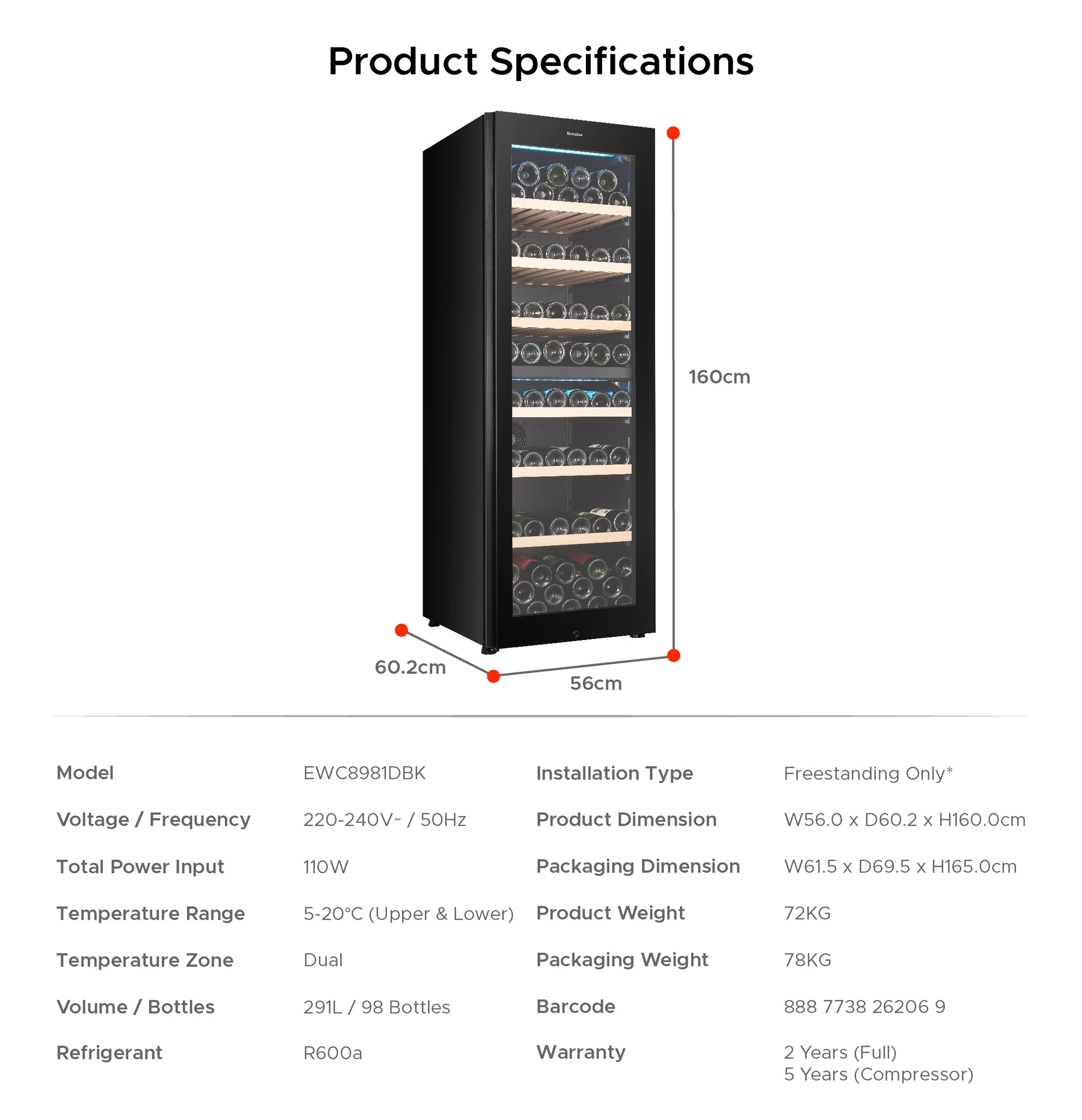 98 Bottles Dual Zone Wine Chiller | 3 Layered Anti-UV Glass, Beechwood Shelves