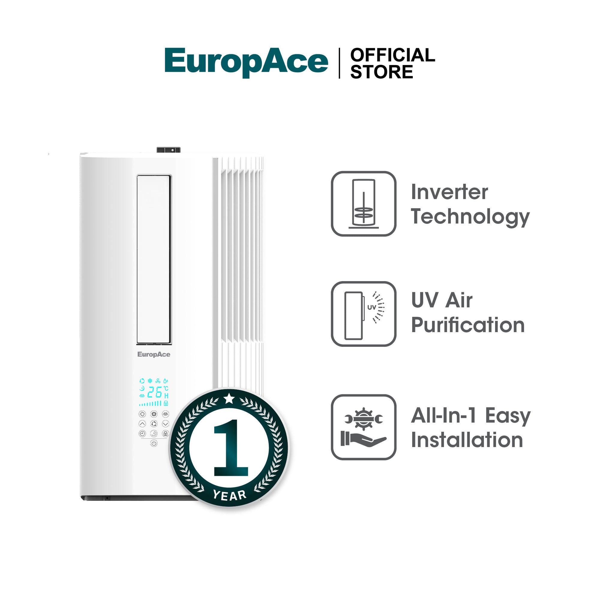 8,000 BTU Inverter Casement Air Con | UV Air Purification, 2 Ticks Inverter Technology, No Outdoor Unit
